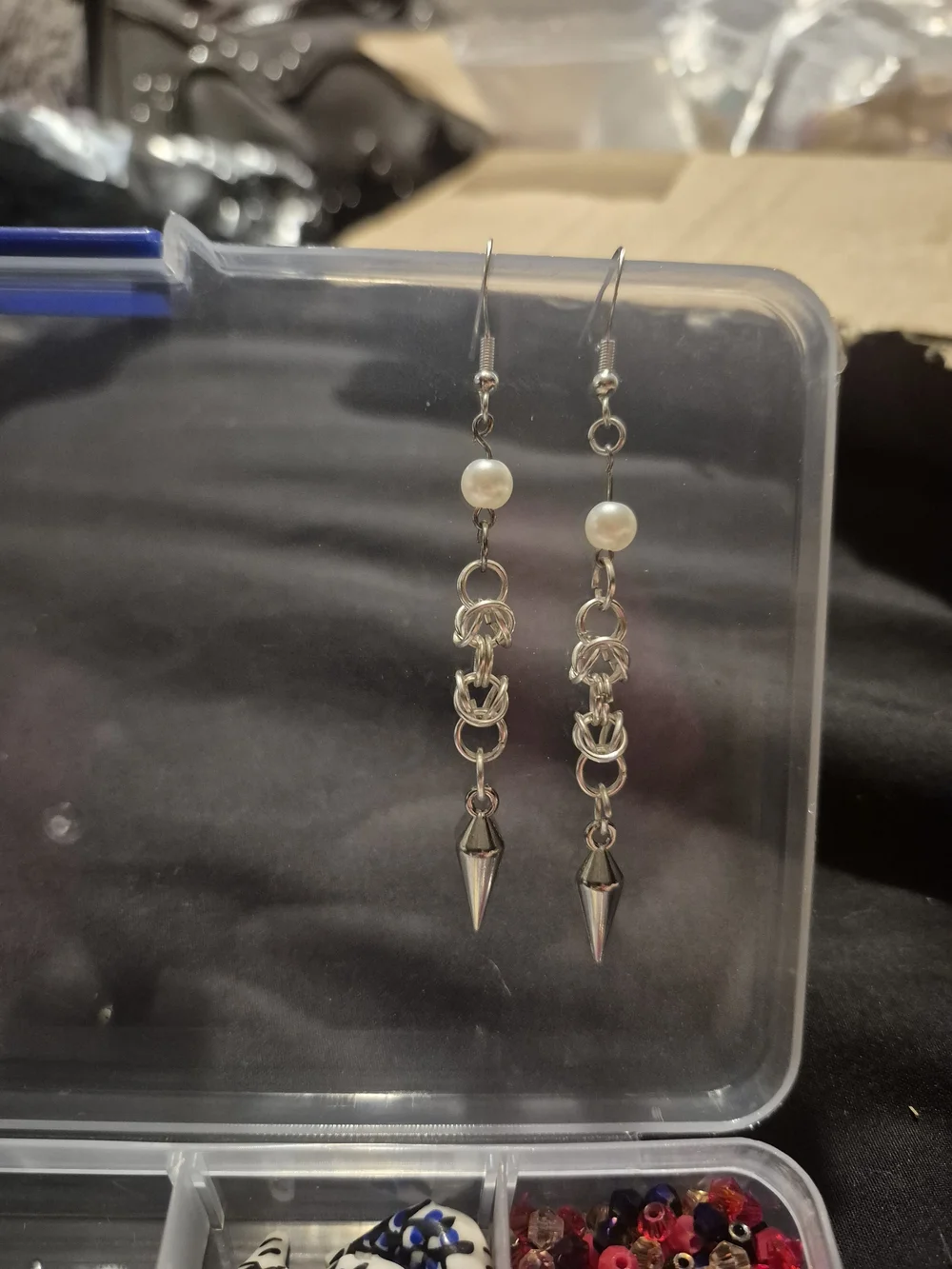 Silver Pearl Drop Chainmaille Earrings